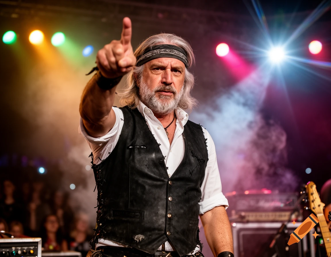 Photorealistic portrait of a bearded man with long gray hair, a bandana, and leather vest, pointing his finger upwards on a brightly lit stage.