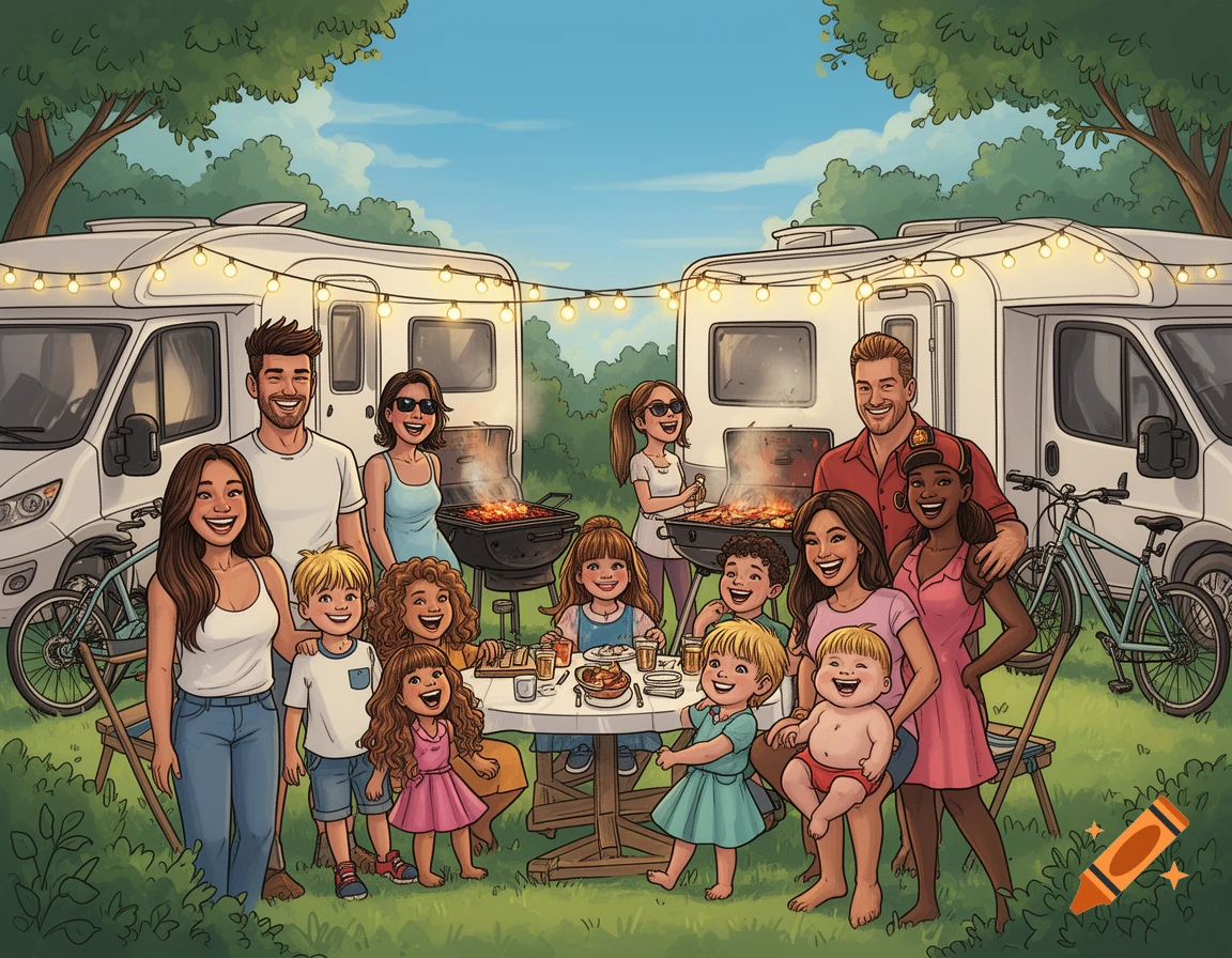 A cheerful cartoon illustration of a large family enjoying a barbecue while camping with two RVs and bicycles.