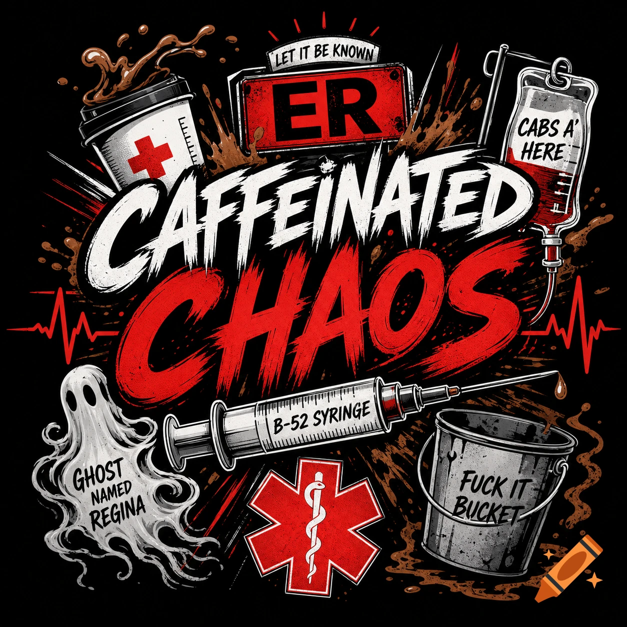 Stylized t-shirt logo for ER staff, featuring "Caffeinated Chaos" in bold text, coffee cup, IV bag, syringe, star of life, ghost, and a "Fuck It Bucket" against a black background.