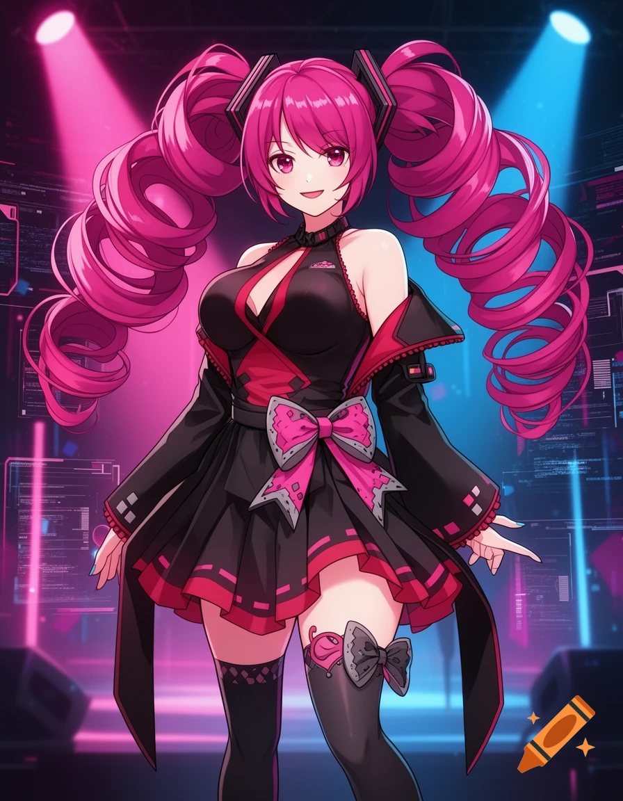 Anime girl with long pink curly pigtails and a black and pink outfit, standing on a neon-lit stage.