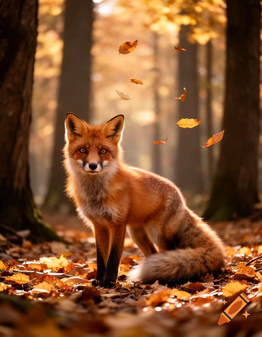 A photorealistic red fox with golden eyes sits among fallen autumn leaves in a sunlit forest.