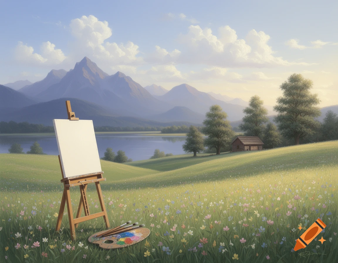A peaceful painting of an easel and palette in a wildflower meadow with a lake, mountains, and a small cabin.
