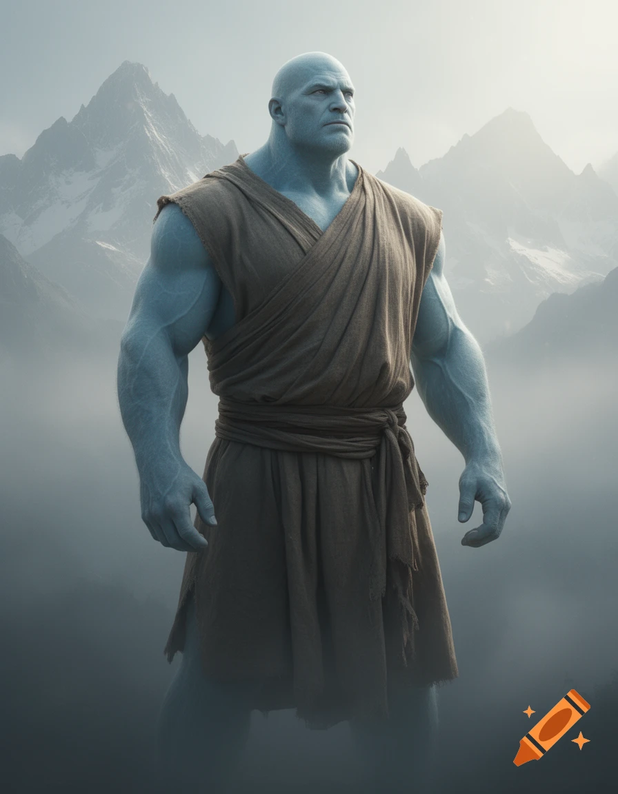 A muscular, bald, light blue-skinned Goliath character in a brown robe stands in a misty mountain landscape.