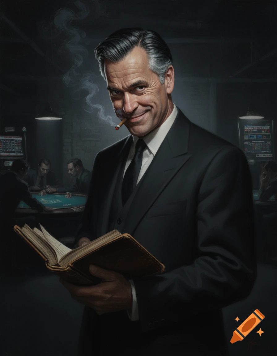 A man in a sharp suit, smoking a cigar, with a subtle smirk, holding an open ledger book in a dimly lit casino.