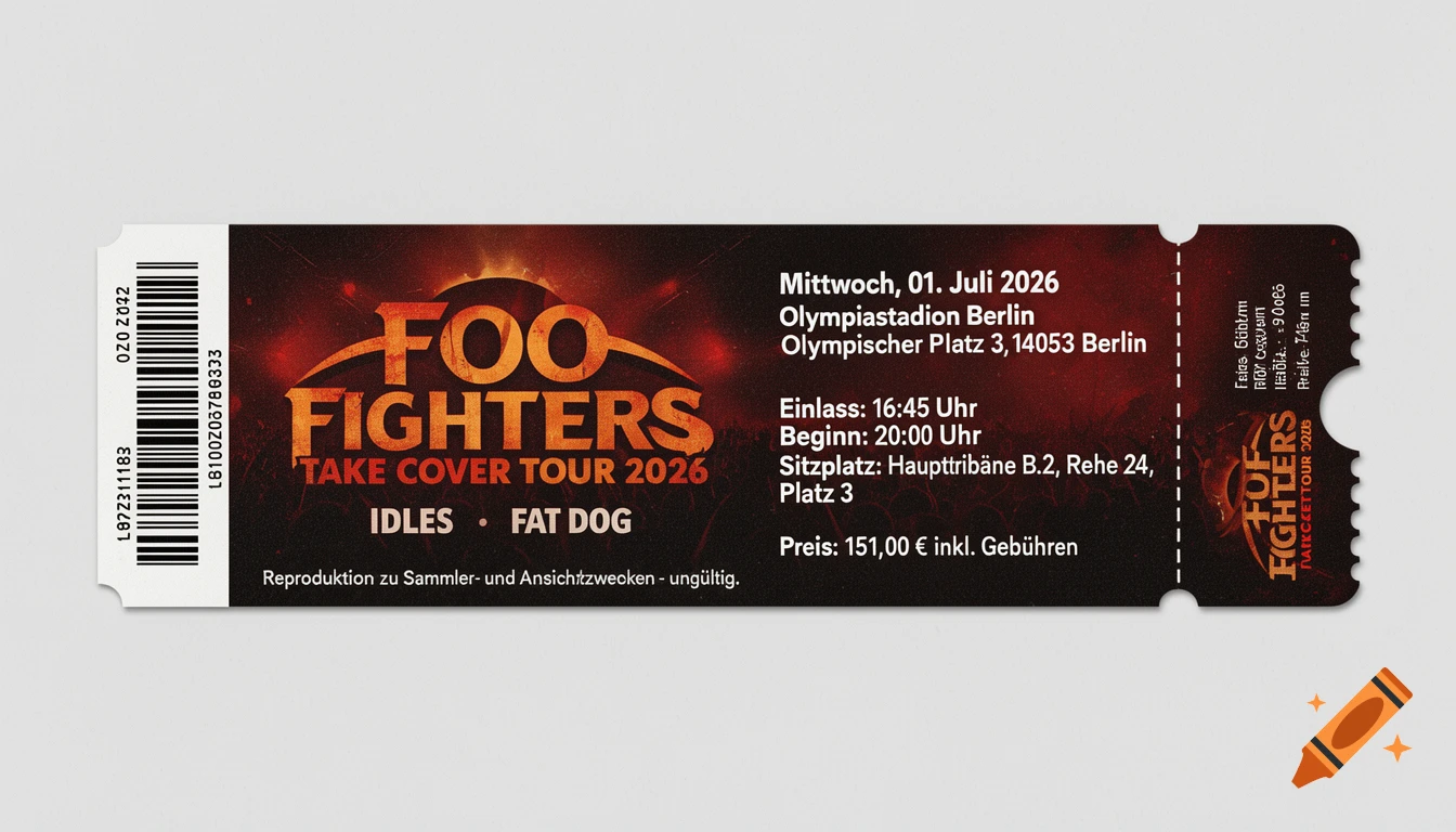 A dark red and orange concert ticket for the Foo Fighters 'TAKE COVER TOUR 2026' with venue, date, and price details in German, and a barcode.