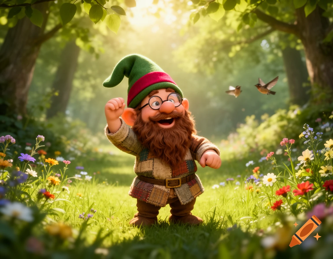 A happy, cartoon gnome with a green hat, glasses, and a big brown beard waves in a sunny, flower-filled forest.