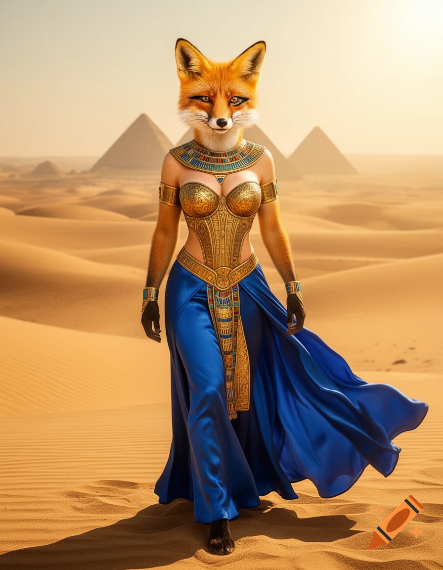 A female fox furry stands in an elaborate gold and blue Egyptian outfit with a corset in a desert with pyramids.