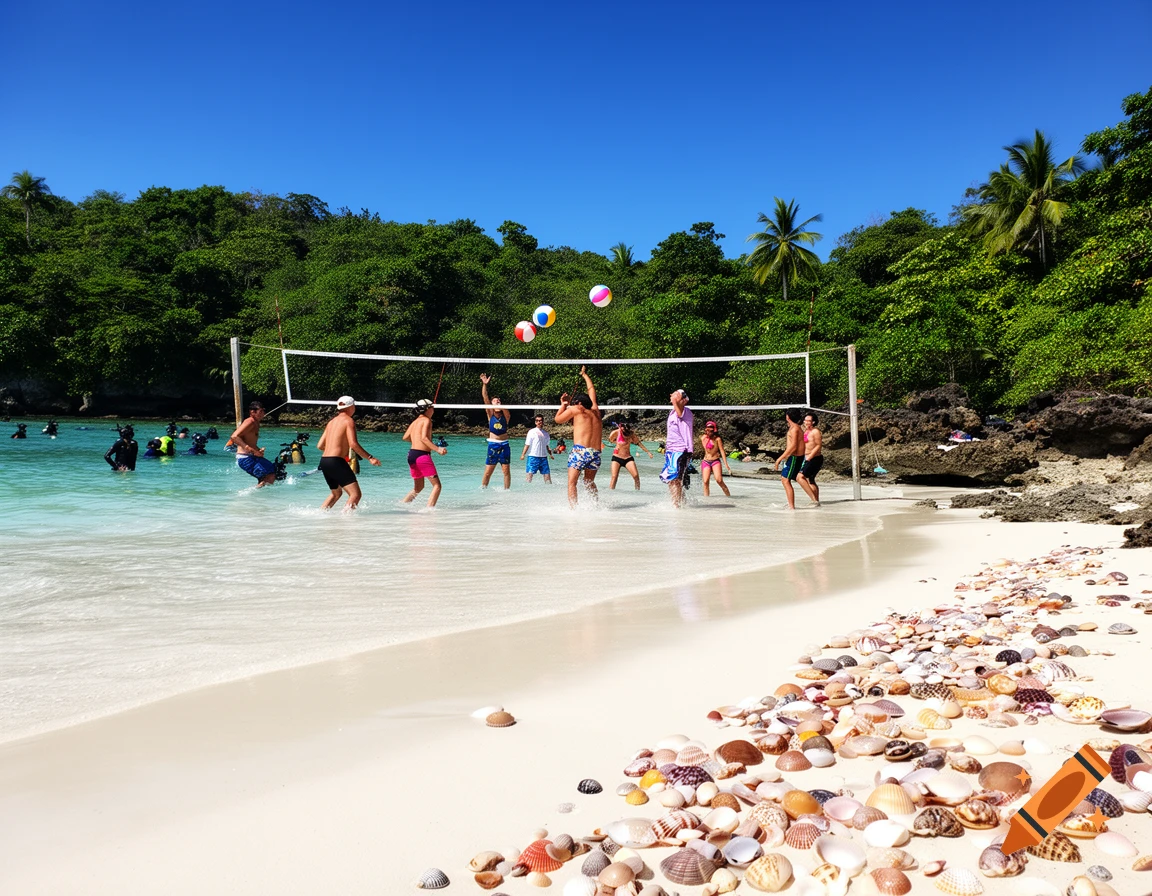 People play volleyball in clear turquoise water at a tropical beach with lush green trees and seashells along the shore.
