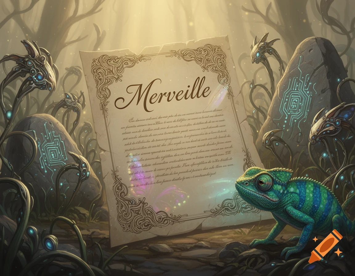 A vibrant blue and green chameleon on a forest floor, looking at an ancient letter with the title "Merveille" and glowing sci-fi plants.