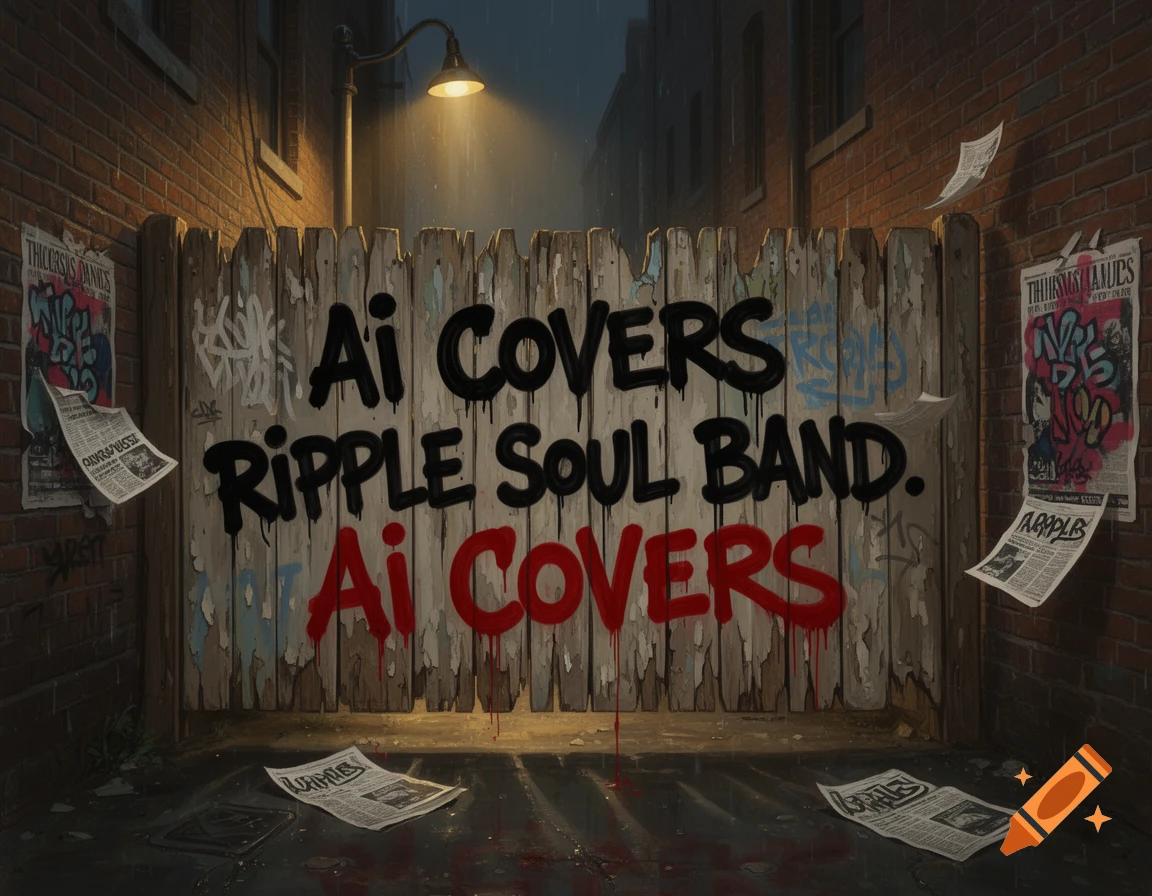 Dark, rainy alleyway with a wooden fence graffiti-ed with 'Ai Covers Ripple Soul Band' in black and 'Ai Covers' in dripping red.