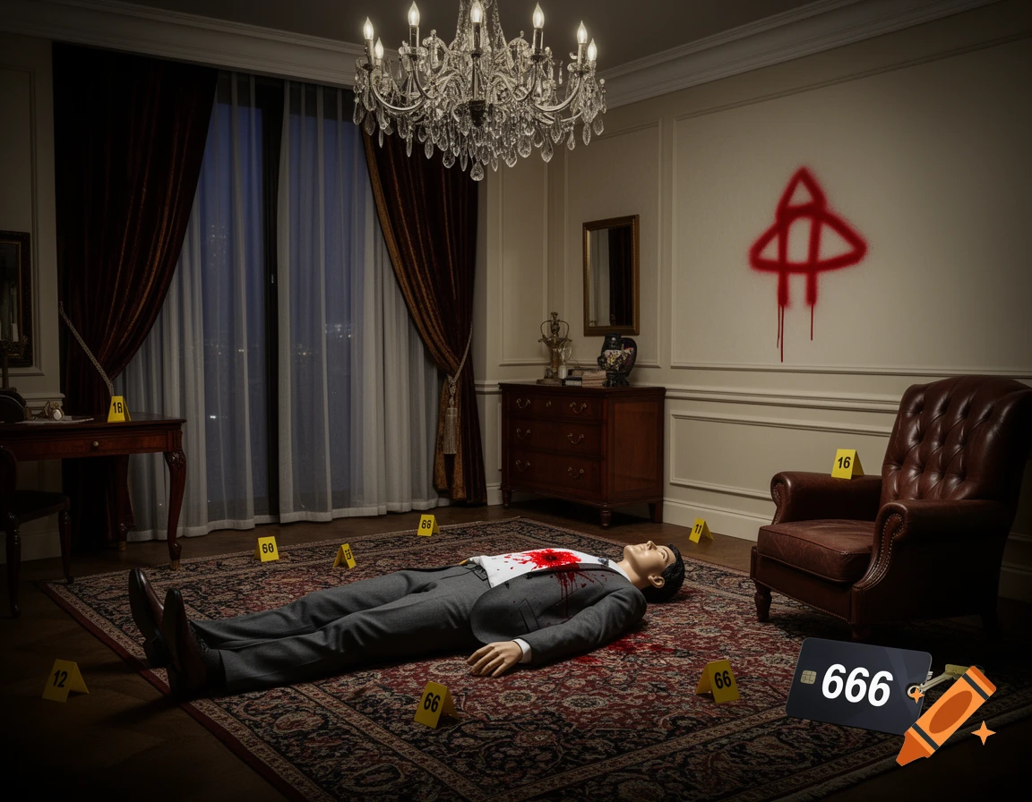 A photorealistic crime scene: a man in a suit lies dead on a rug in a luxurious hotel suite with evidence markers, blood, and a keycard '666'. A red symbol is on the wall.