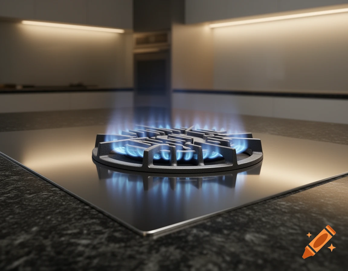 A photorealistic close-up of a modern gas hob with a single large burner emitting blue flames on a black countertop.