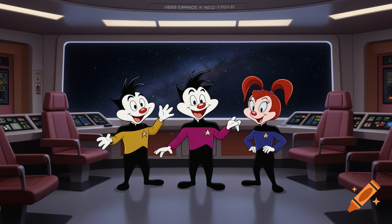 The Animaniacs, Yakko, Wakko, and Dot, wear Star Trek TNG uniforms on the bridge of the USS Enterprise-D, against a starfield.