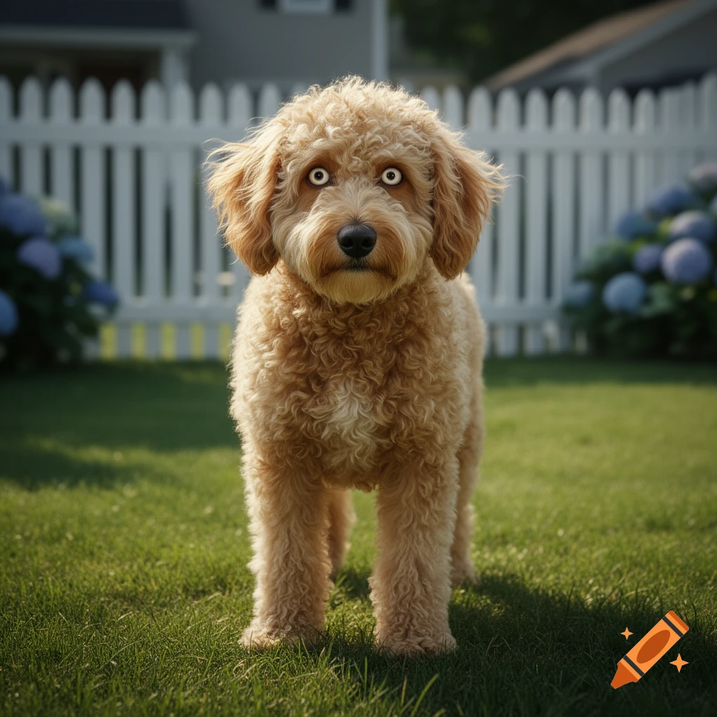 A golden doodle with unsettling, wide eyes stands in a grassy backyard with a white picket fence behind it.