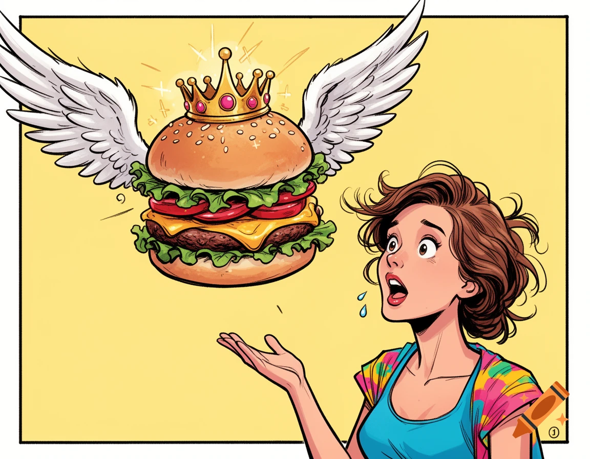 Comic art of a woman drooling at a flying burger with a crown and wings.