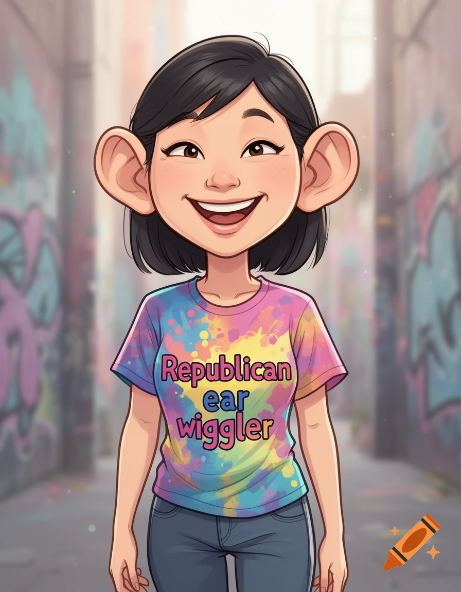 A smiling cartoon Asian woman with large ears, wearing a tie-dye t-shirt that says 'Republican ear wiggler', stands in a graffiti-covered alley.