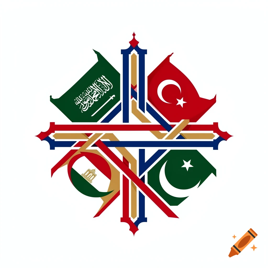A symmetrical geometric pattern composed of stylized flags from Saudi Arabia, Turkey, Egypt, and Pakistan, with red, blue, green, and gold lines intersecting on a white background.
