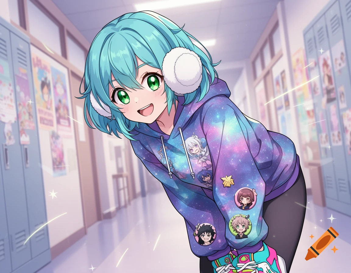 A smiling anime girl with short blue hair and green eyes, wearing a galaxy-print hoodie and white earmuffs, in a school hallway.
