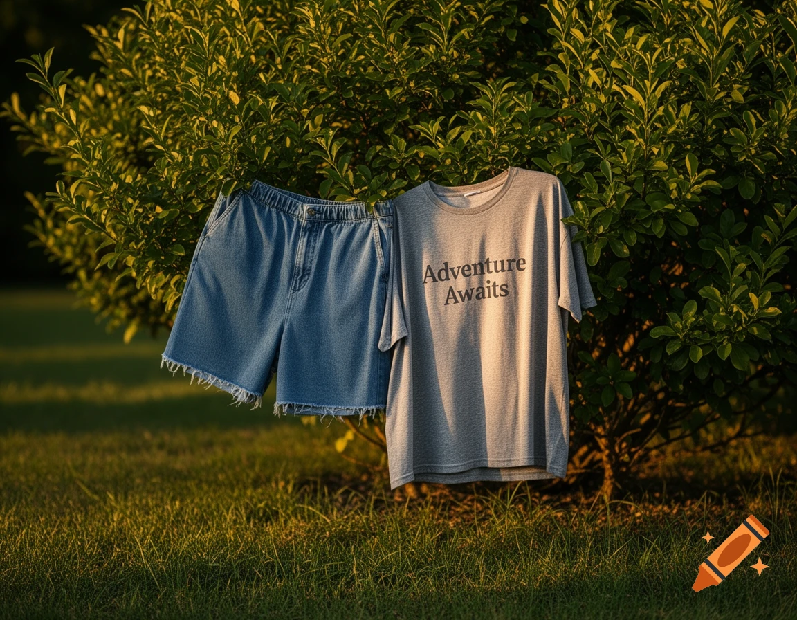 Denim shorts and a gray t-shirt with 'Adventure Awaits' are draped over a green shrub in a sunny, grassy outdoor setting.