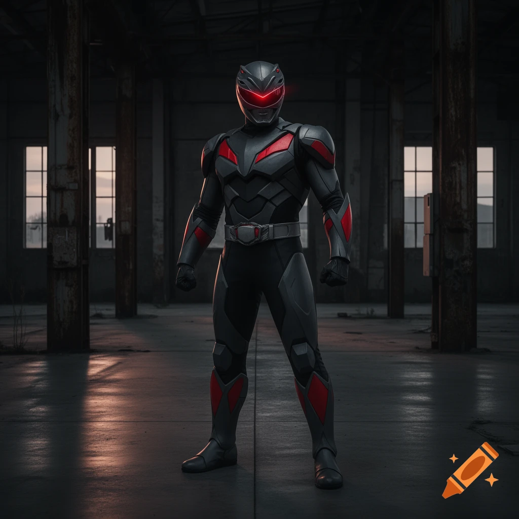 A menacing grey and red armored character with glowing red eyes stands in an abandoned warehouse.