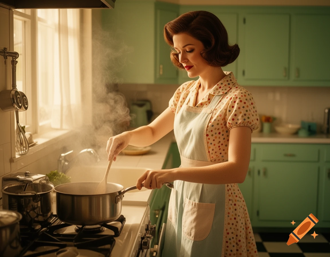 A 1950s woman with bobbed hair, wearing an apron, cooks in a retro kitchen, stirring a pot on the stove. Photorealistic.
