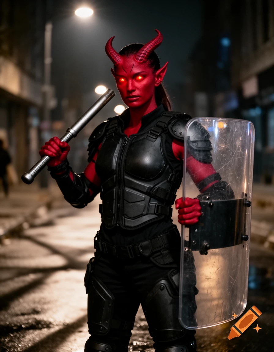 Red-skinned, horned woman with glowing eyes in riot gear holds a baton and shield on a wet city street at night, photorealistic.