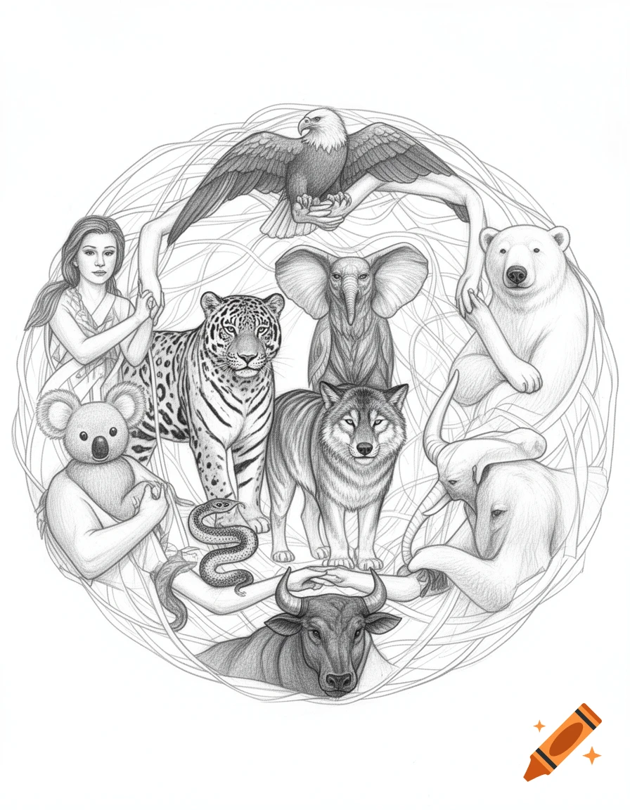 Pencil sketch of diverse animals and human figures forming a protective circle with intertwined arms.