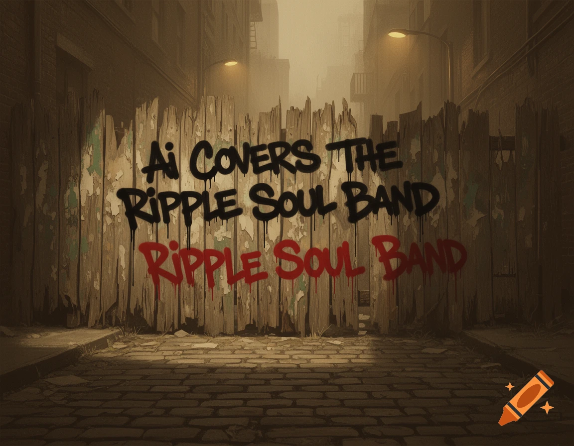 Grungy 1970s alleyway with a wooden fence covered in black and red spray paint graffiti for 'Ai Covers The Ripple Soul Band'.