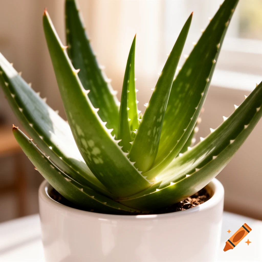 A vibrant green aloe vera plant with spiky leaves sits in a white pot, bathed in natural sunlight.