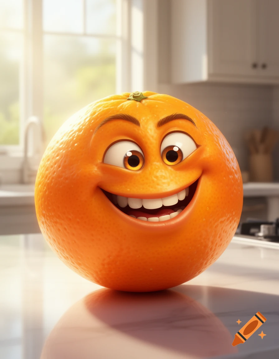 A smiling, anthropomorphic orange cartoon character with big eyes and eyebrows sits on a shiny kitchen counter.