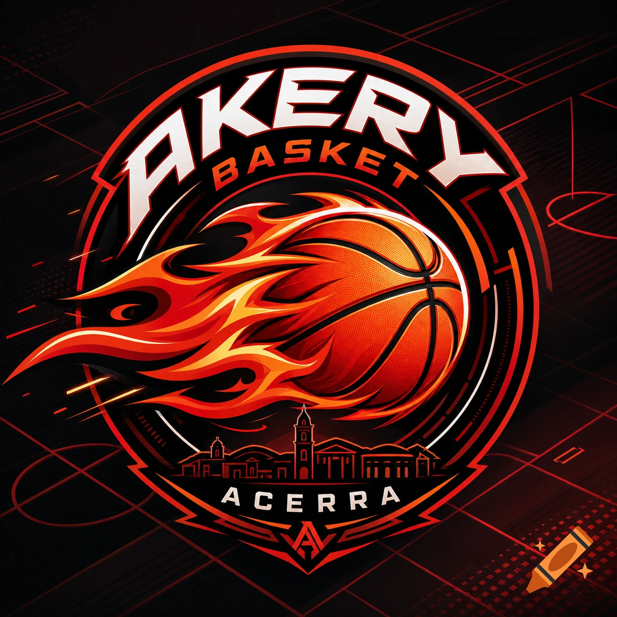 Graphic logo for Akery Basket Acerra, featuring a flaming basketball, cityscape, and bold text in red, orange, and white on a black background.