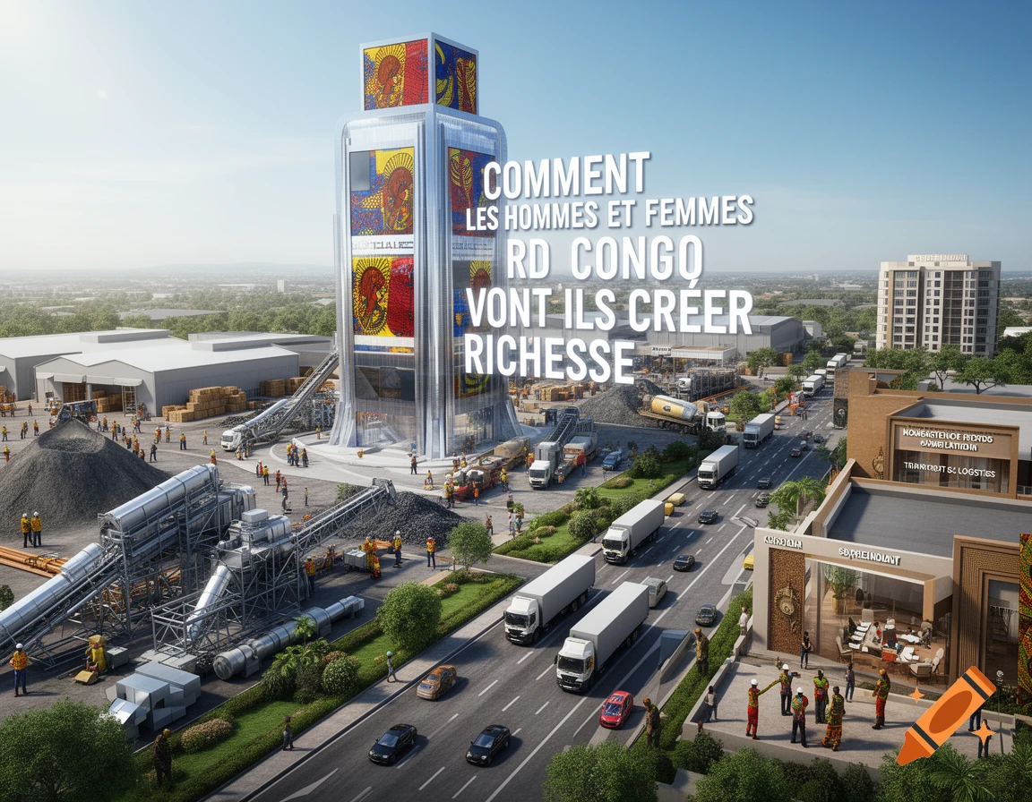 An aerial view of a modern cityscape with a tall, distinctive building featuring colorful patterns and large text, surrounded by industrial activity, trucks on a road, and other commercial buildings under a clear sky.