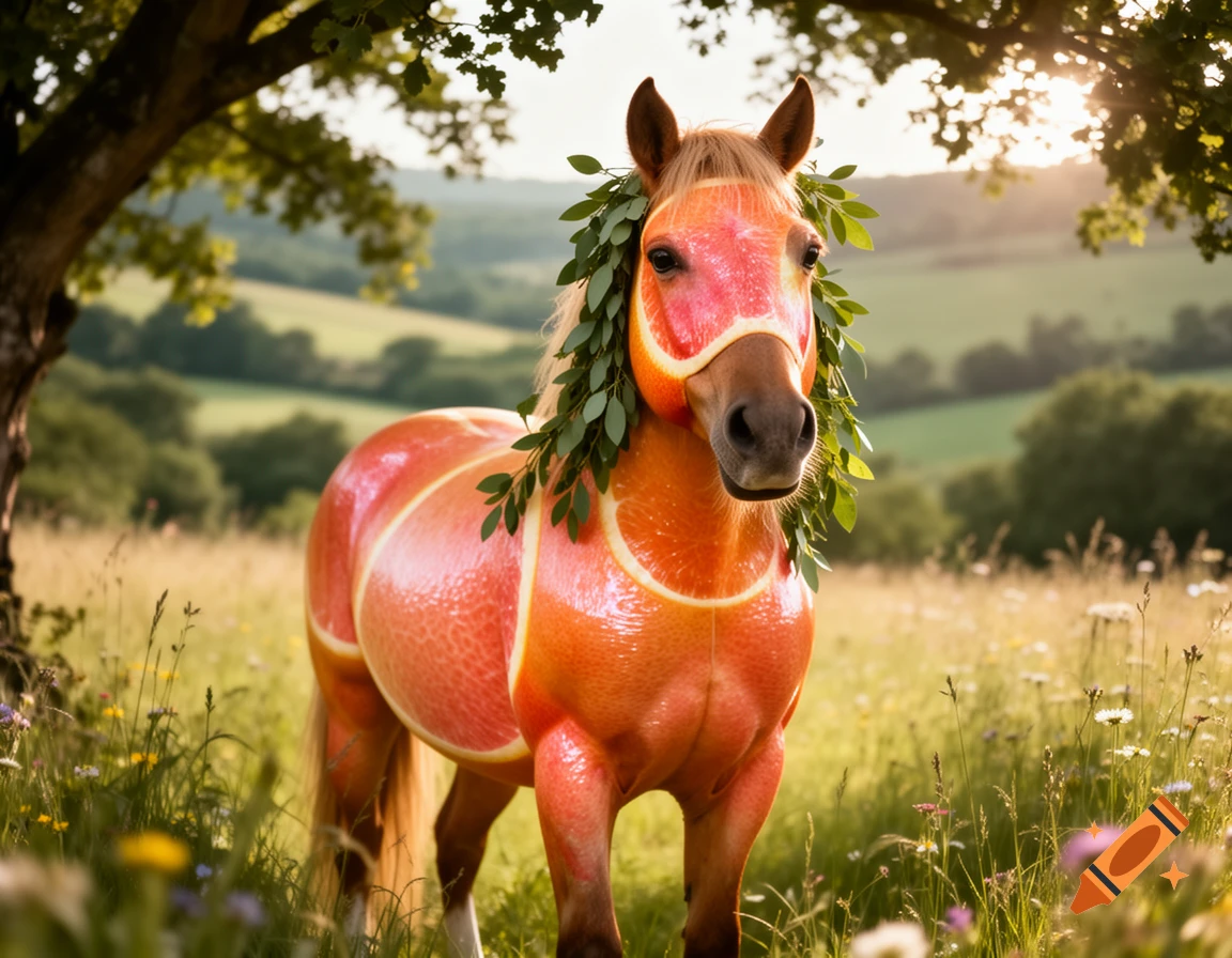 Photorealistic image of a horse with a grapefruit-like body and a leafy wreath standing in a sunny field.