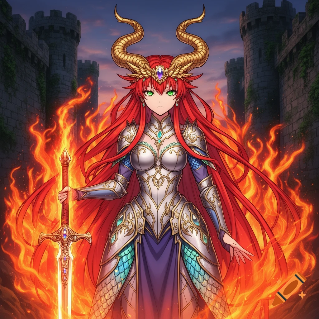 An anime dragon princess with red hair, golden horns, and armor holds a flaming sword before an ancient castle and fire aura.