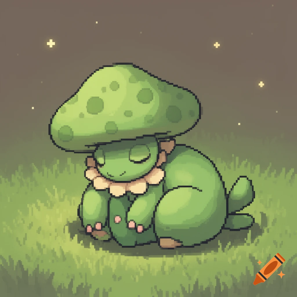 Pixel art of a green mushroom-headed creature, resembling a Pok hc3mon, curled up and sleeping in grass under faint stars.