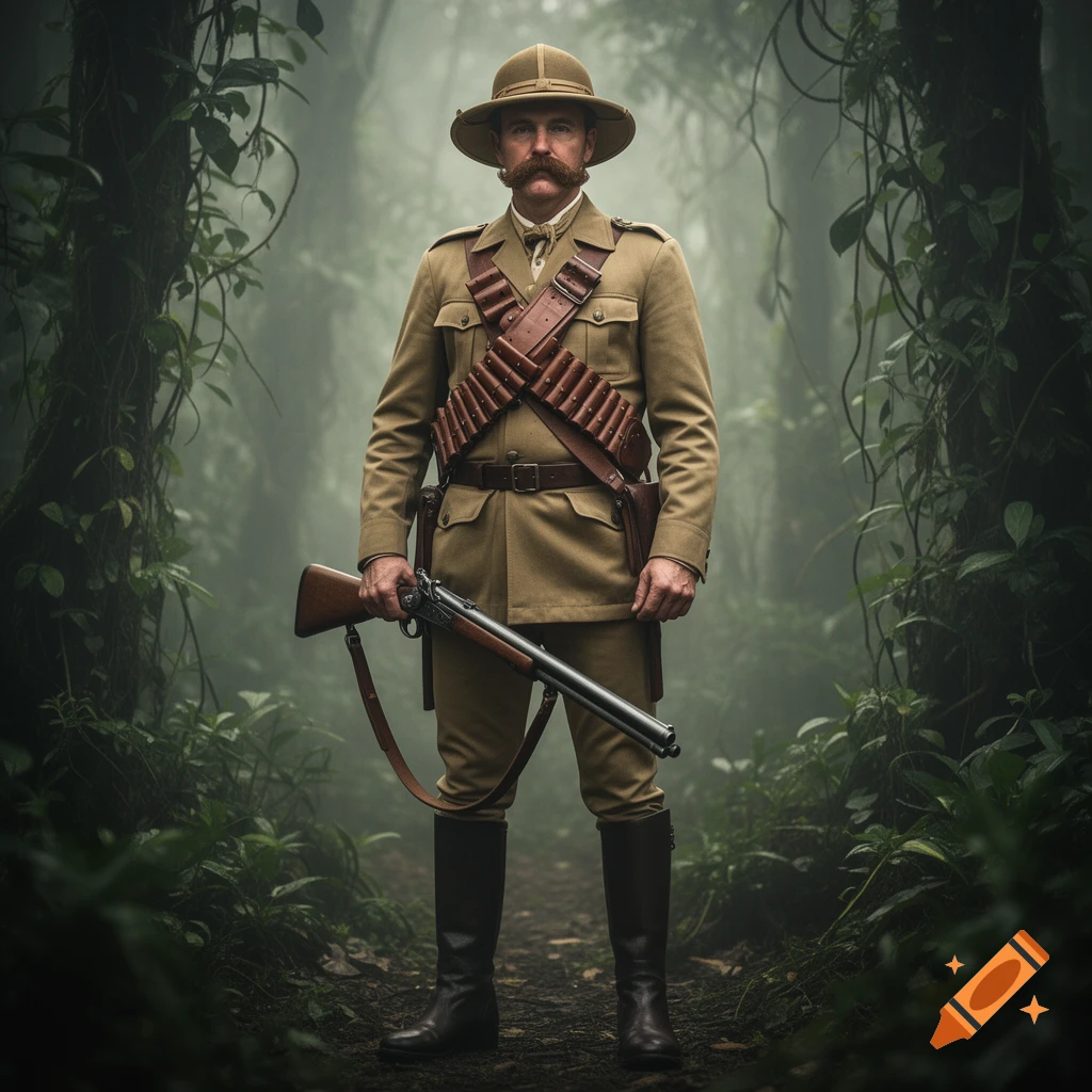 A stern Victorian-era big game hunter with a mustache, wearing a safari suit and pith helmet, holding a rifle in a misty jungle.