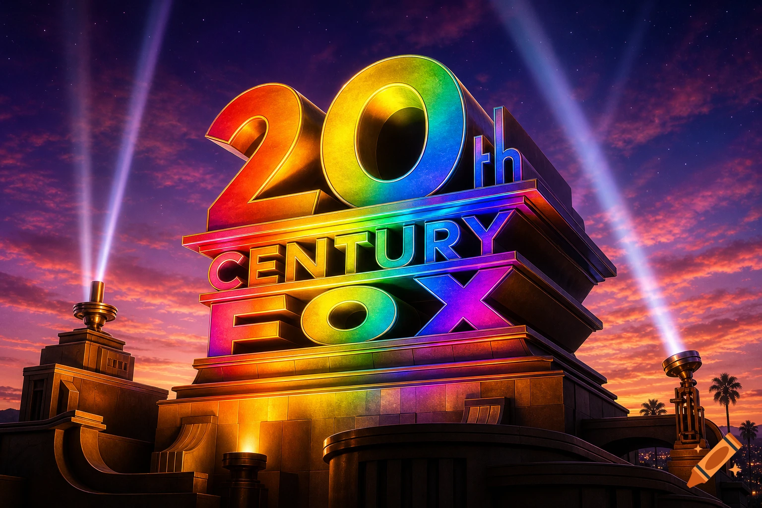 A rainbow-colored 20th Century Fox logo stands prominently against a dramatic sunset sky with searchlights.