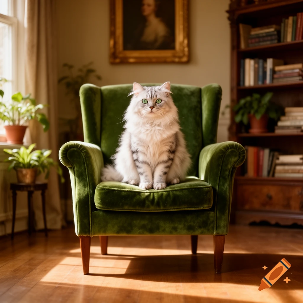 A fluffy white and grey cat with green eyes sits upright on a green velvet armchair in a sunlit, classic room with a bookshelf.