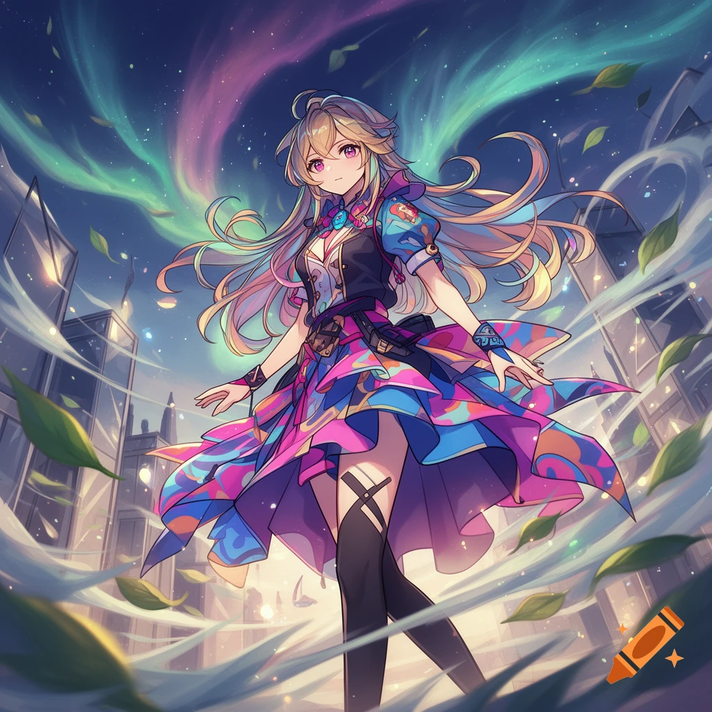 Anime girl in a vibrant dress standing amidst a cityscape at night with a colorful aurora and swirling leaves.