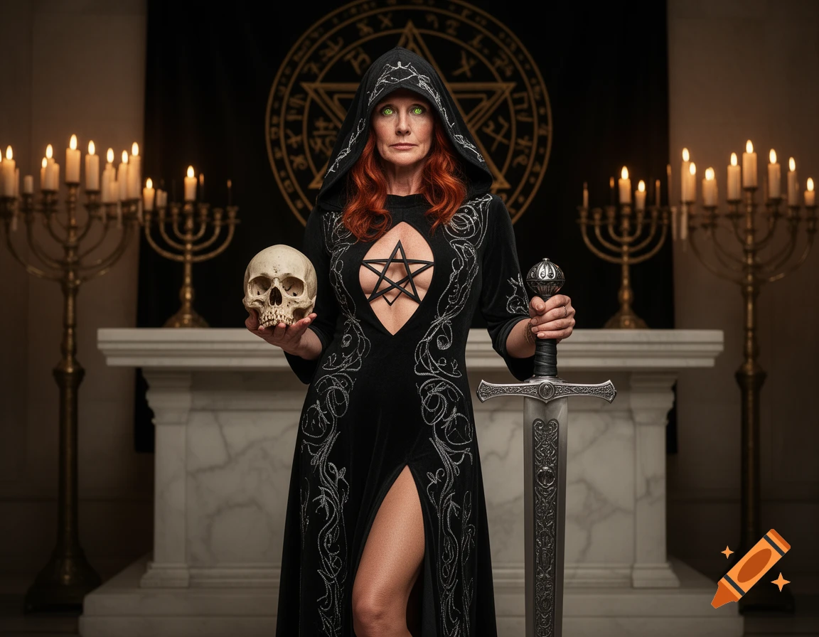 A red-haired woman with green eyes in a black hooded dress with a pentagram cutout holds a skull and a sword, standing before an altar with candelabras and a banner with golden symbols.