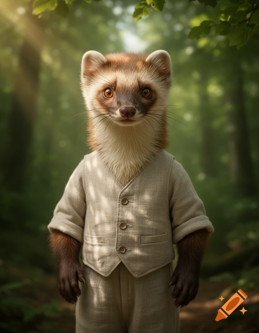 Photorealistic portrait of an anthropomorphic beech marten in a beige linen suit standing in a sunlit forest.