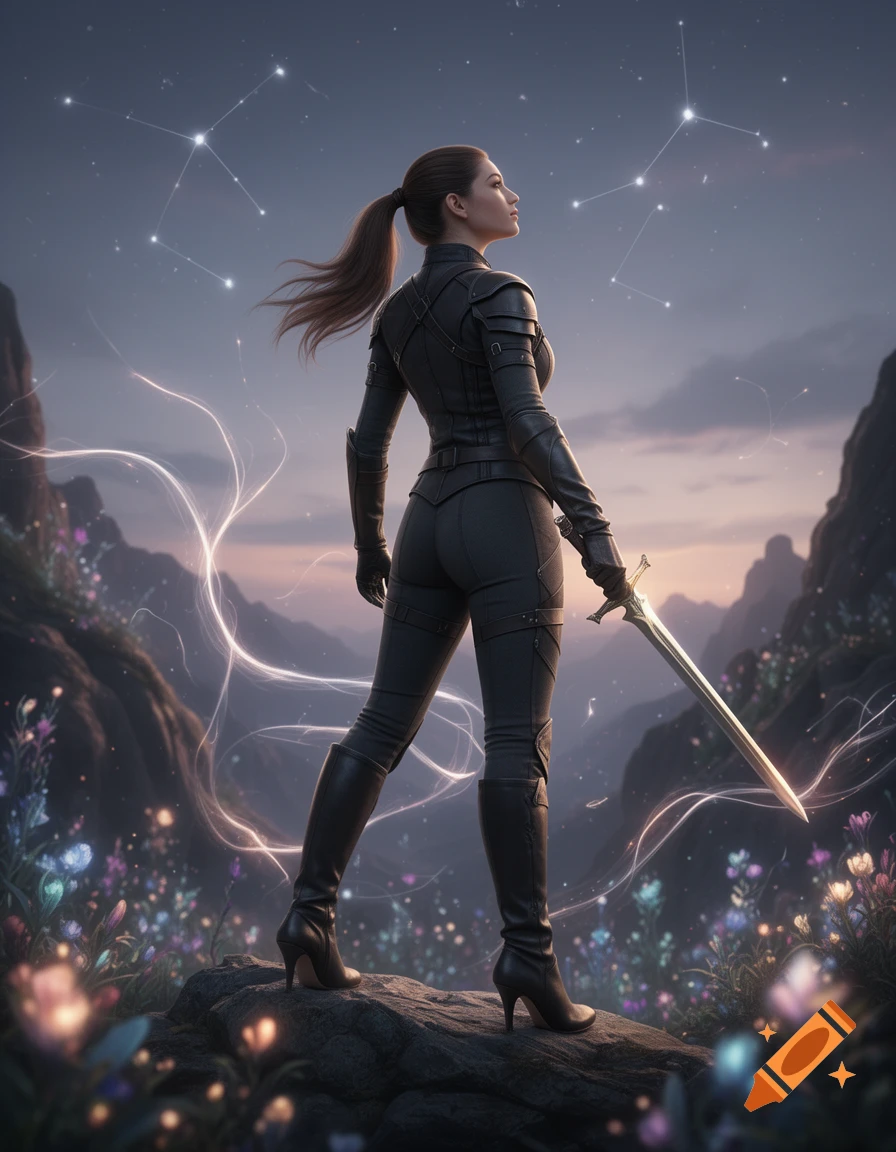 Female warrior in dark leather armor, holding a sword, stands on a rock in a magical landscape with glowing flowers and constellations.