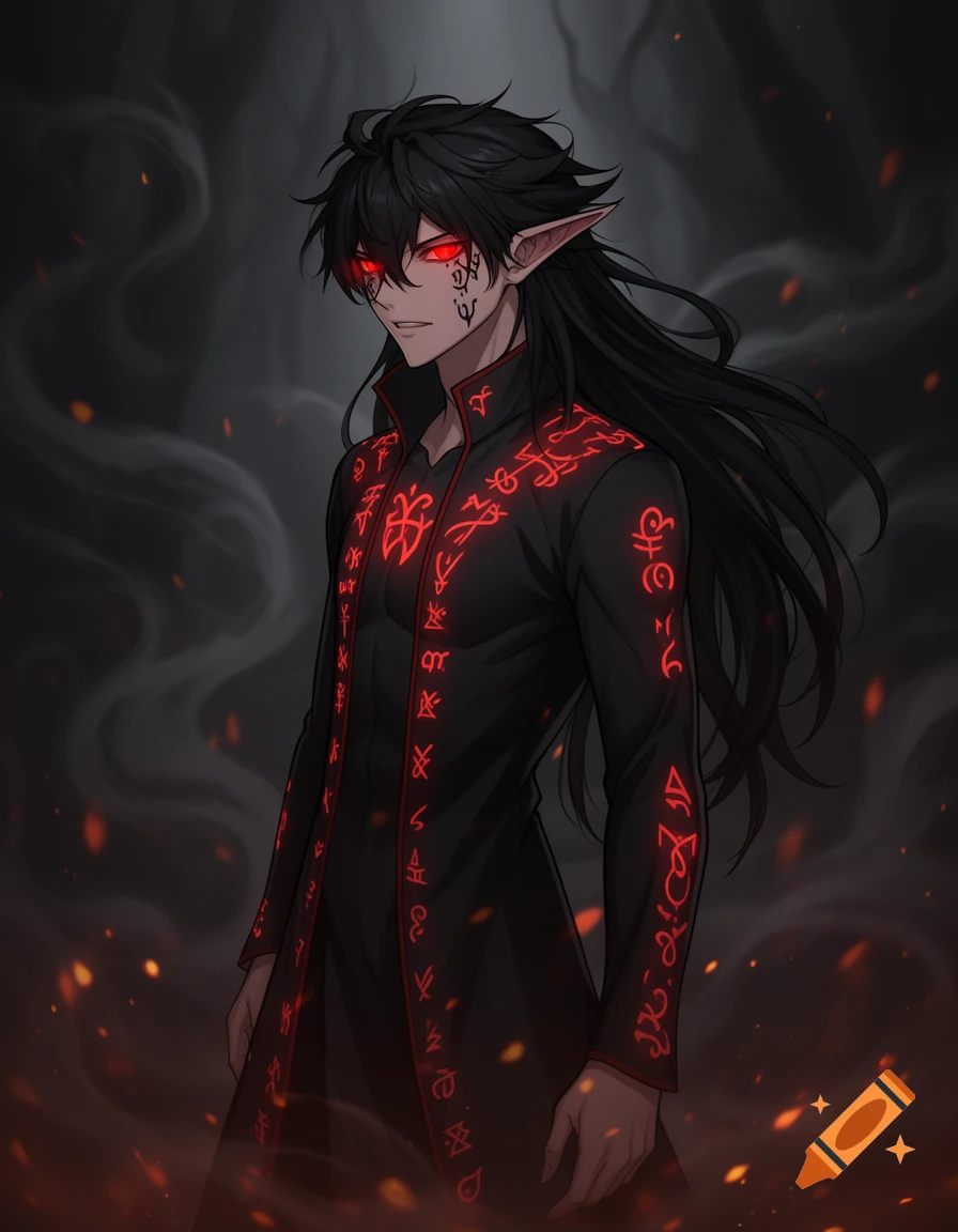 A dark-haired anime demon boy with glowing red eyes and runes on his black coat stands in a smoky, fiery setting.