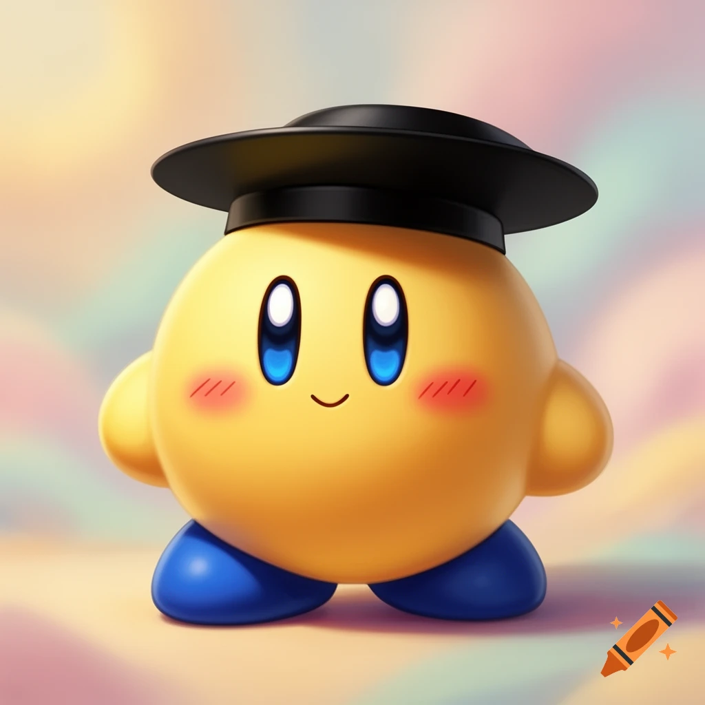 A cute yellow Kirby wearing a black graduation cap, with blue eyes, blush, and blue shoes, standing on a colorful blurred background.