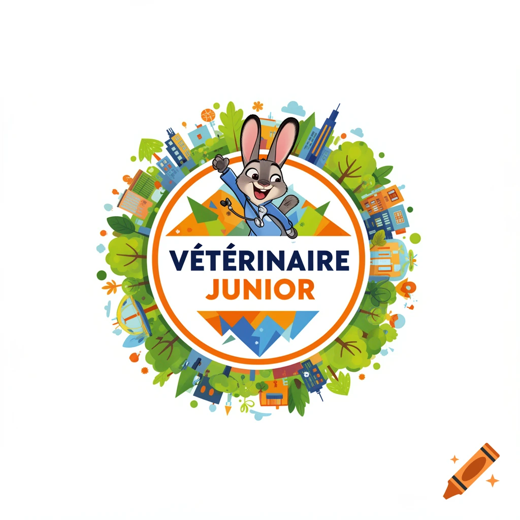 A colorful circular logo featuring Judy Hopps from Zootopia dressed as a veterinarian. The text "VÉTÉRINAIRE JUNIOR" is prominently displayed in the center, surrounded by a cityscape and green trees.