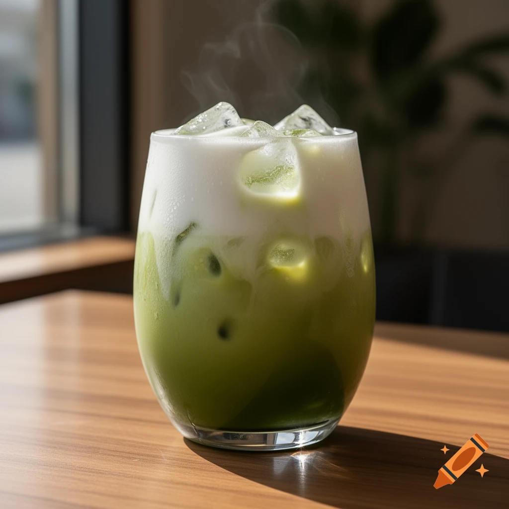 A close-up shot of an iced matcha latte with white foam and ice cubes in a clear glass on a wooden table.