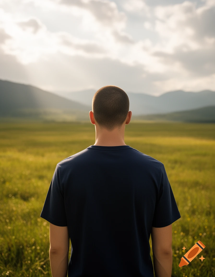 Back of a person with a buzz cut wearing a dark blue t-shirt, standing in a sunny green field looking at distant mountains.
