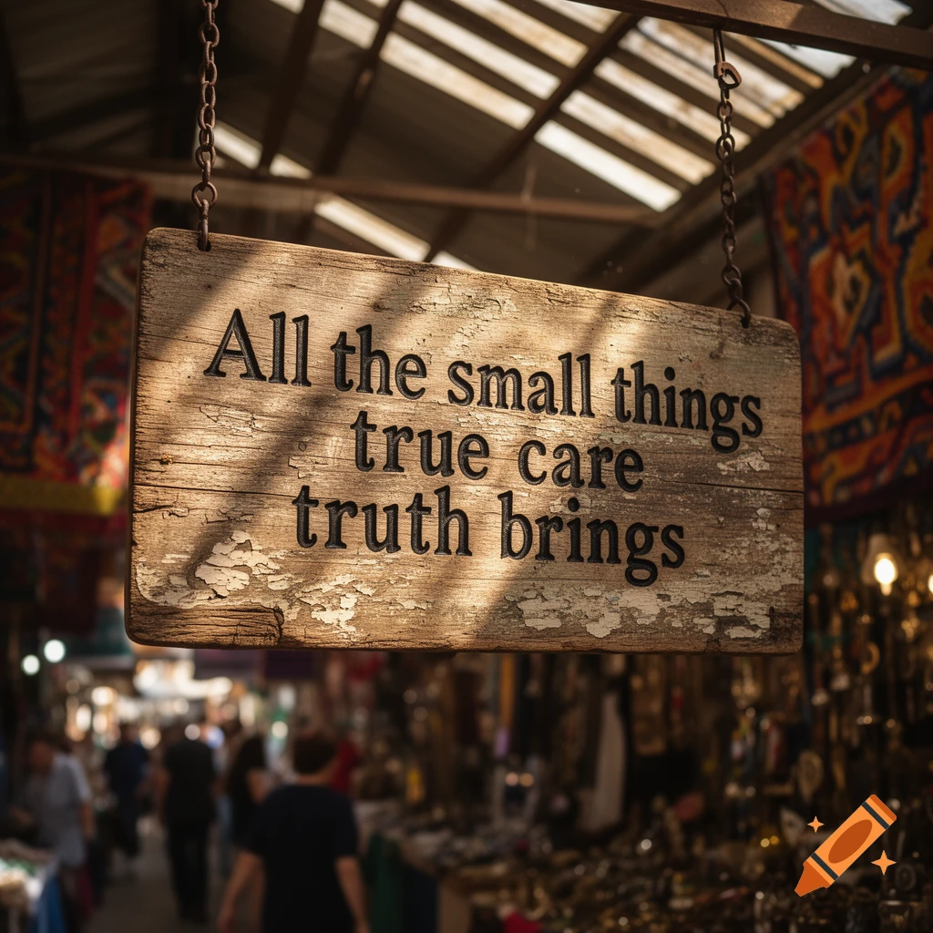 A rustic wooden sign with the quote "All the small things true care truth brings" hangs in a sunlit, bustling marketplace.