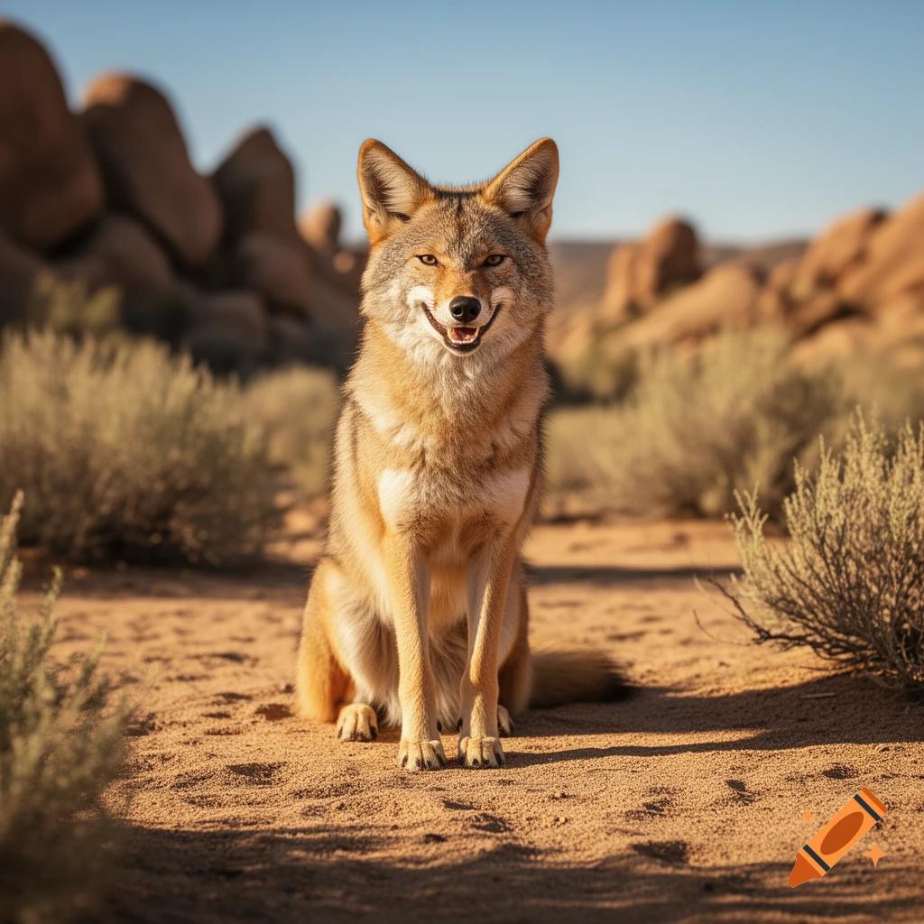A photorealistic image of a coyote with a slight smile, sitting in a sandy desert environment with sparse bushes and rocks in the background.