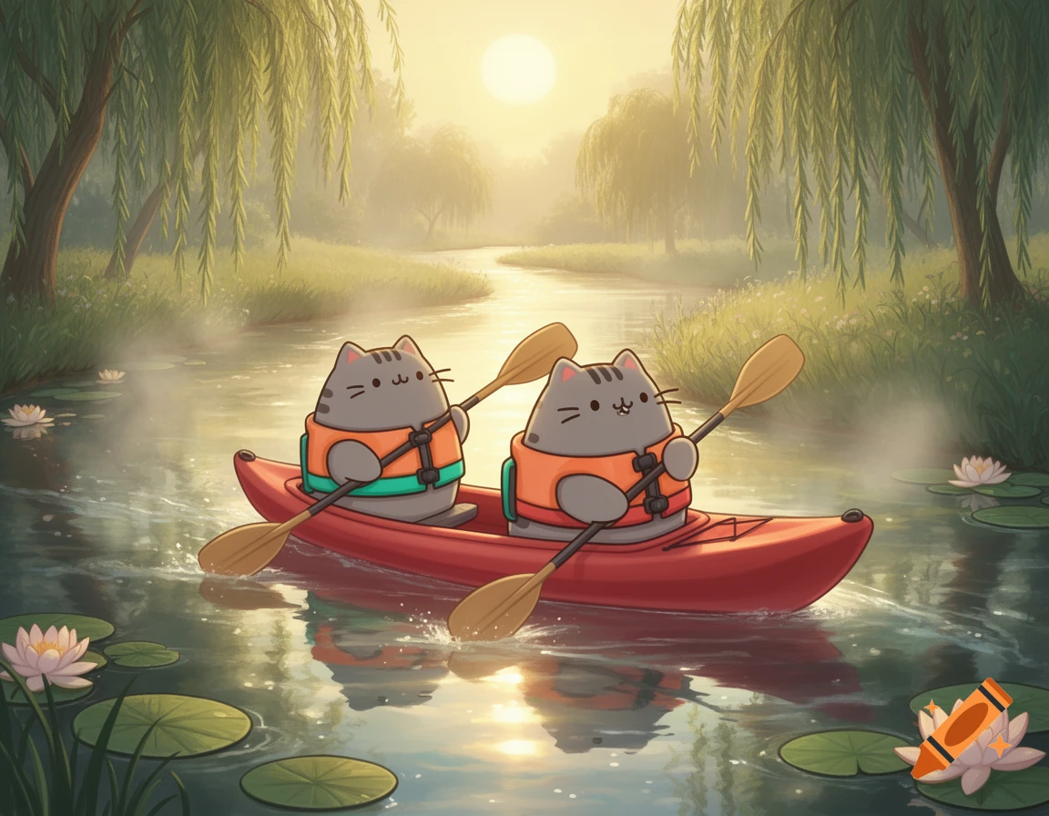 Two cartoon Pusheen cats in orange life vests paddle a red kayak on a sunny river, surrounded by willow trees and lily pads.